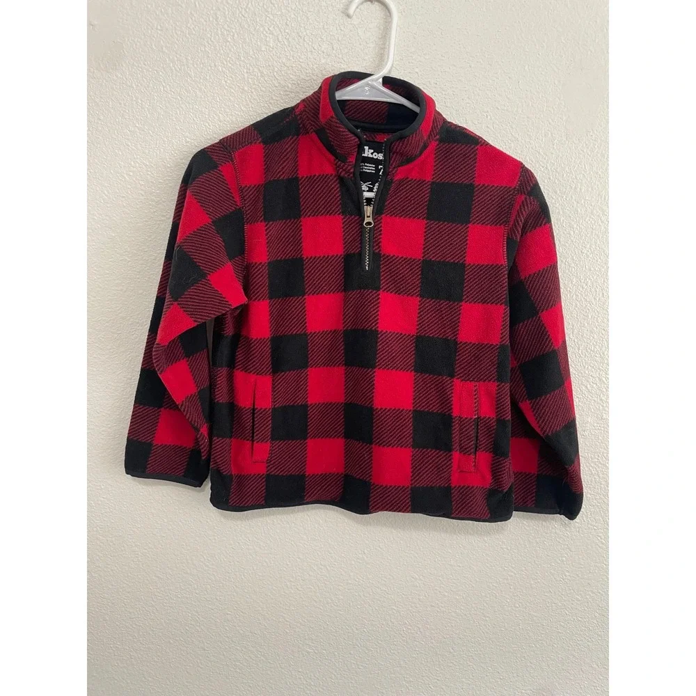 OshKosh Fleece Quarter-Zip Kids Size 7 Red Black Buffalo Plaid Excellent Trail